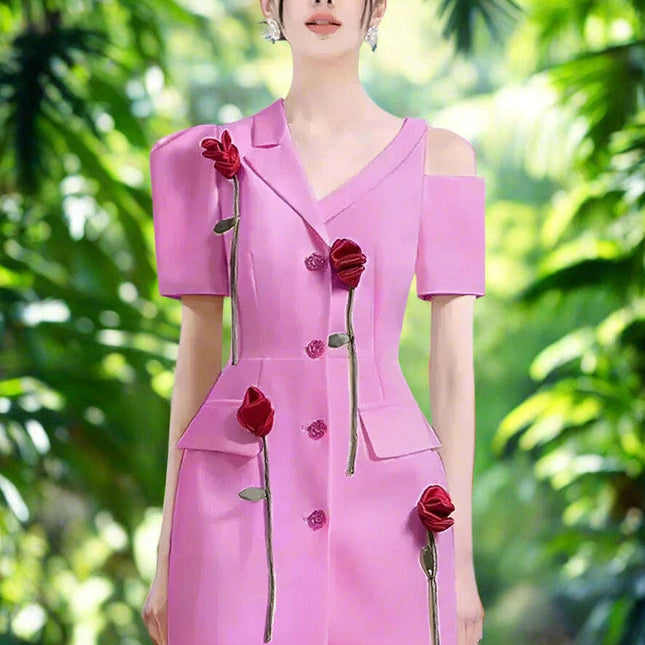 Chic 3D Floral Notched Sleeve Dress for Women - Irregular Hem Single Breasted Office Wear