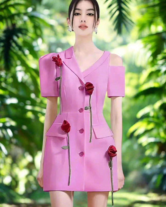 Chic 3D Floral Notched Sleeve Dress for Women - Irregular Hem Single Breasted Office Wear