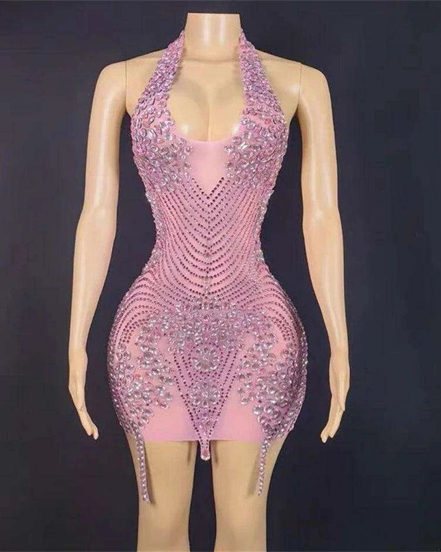 Glamorous Pink Sheer Mini Dress with Rhinestone Accents - Ideal for Stunning Events