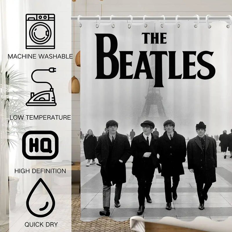 B-Beatles Rock Band Printed Shower Curtain with 12 Hooks