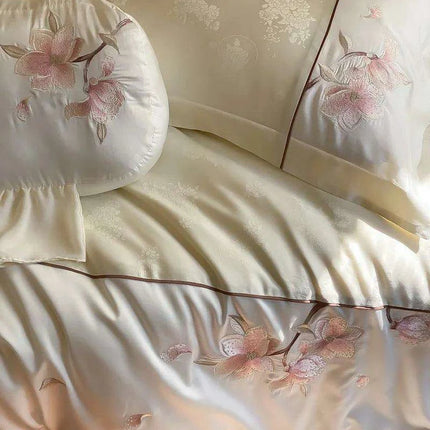 Luxurious Chinese Floral Embroidered Lyocell Cotton Silky Soft Bedding Ensemble with Duvet Cover, Flat/Fitted Sheets & Pillowcases