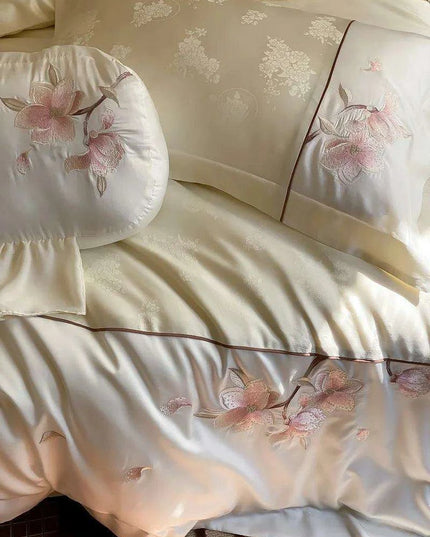 Luxurious Chinese Floral Embroidered Lyocell Cotton Silky Soft Bedding Ensemble with Duvet Cover, Flat/Fitted Sheets & Pillowcases