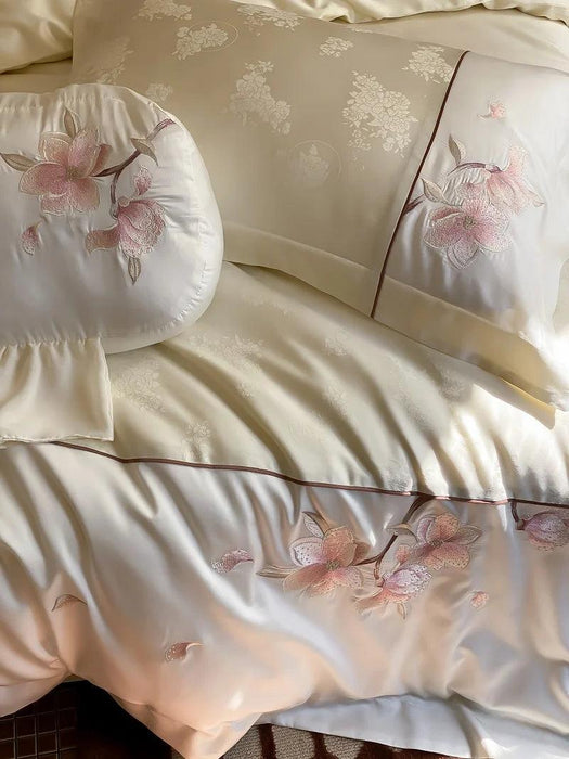 Luxurious Chinese Floral Embroidered Lyocell Cotton Silky Soft Bedding Ensemble with Duvet Cover, Flat/Fitted Sheets & Pillowcases