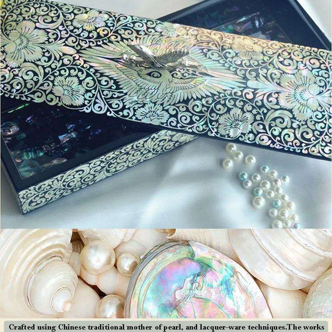 Artisan Crafted Mother of Pearl Crane Jewelry Compendium with Elegant Black Wood Accents