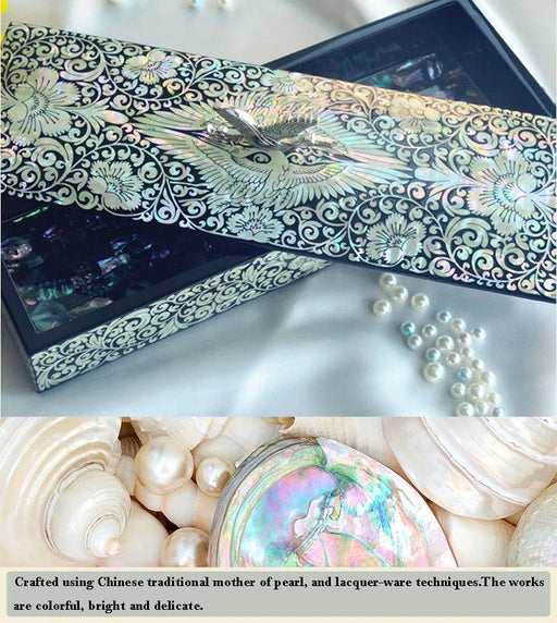 Artisan Crafted Mother of Pearl Crane Jewelry Compendium with Elegant Black Wood Accents