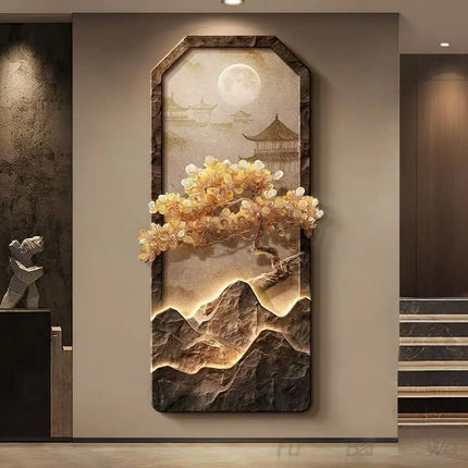 Chinese Landscape Corridor Painting with Integrated Wall Lamp