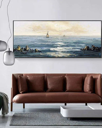 Coastal Calm: Hand-Painted Abstract Ocean Beach Oil Canvas Art