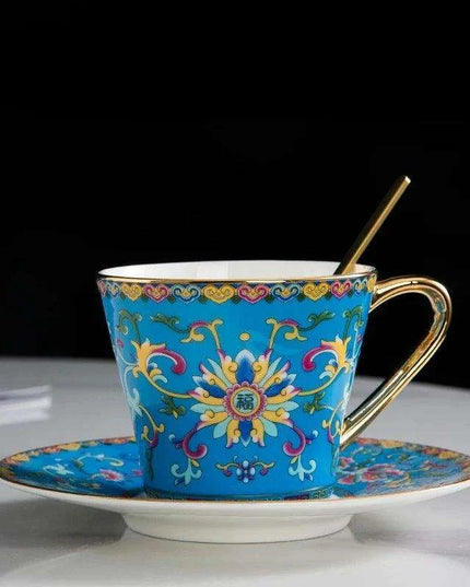 Imperial Elegance Enamel Porcelain Tea and Coffee Cup Set with Ornate Borders