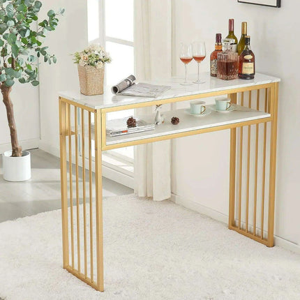 Sleek Gold Bar Table with Open Shelving - Stylish Versatile Furniture for Contemporary Spaces