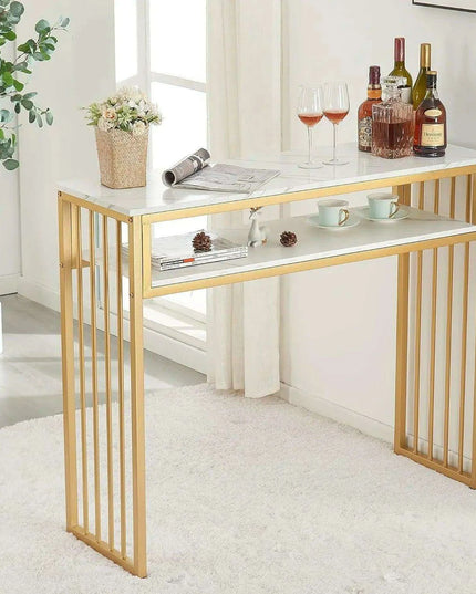 Sleek Gold Bar Table with Open Shelving - Stylish Versatile Furniture for Contemporary Spaces