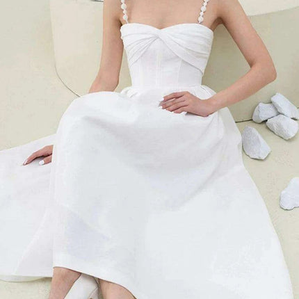 V-neck Pleated Solid Color High Waist Evening Dress for Women