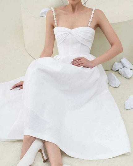 V-neck Pleated Solid Color High Waist Evening Dress for Women