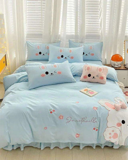 Charming 100% Cotton Pink Rabbit Applique Bedding Set - Duvet Cover, Fitted Sheet, Bed Skirt, and Pillowcases