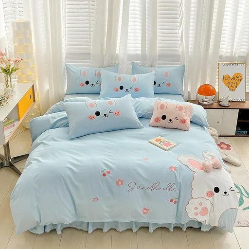 Charming 100% Cotton Pink Rabbit Applique Bedding Set - Duvet Cover, Fitted Sheet, Bed Skirt, and Pillowcases