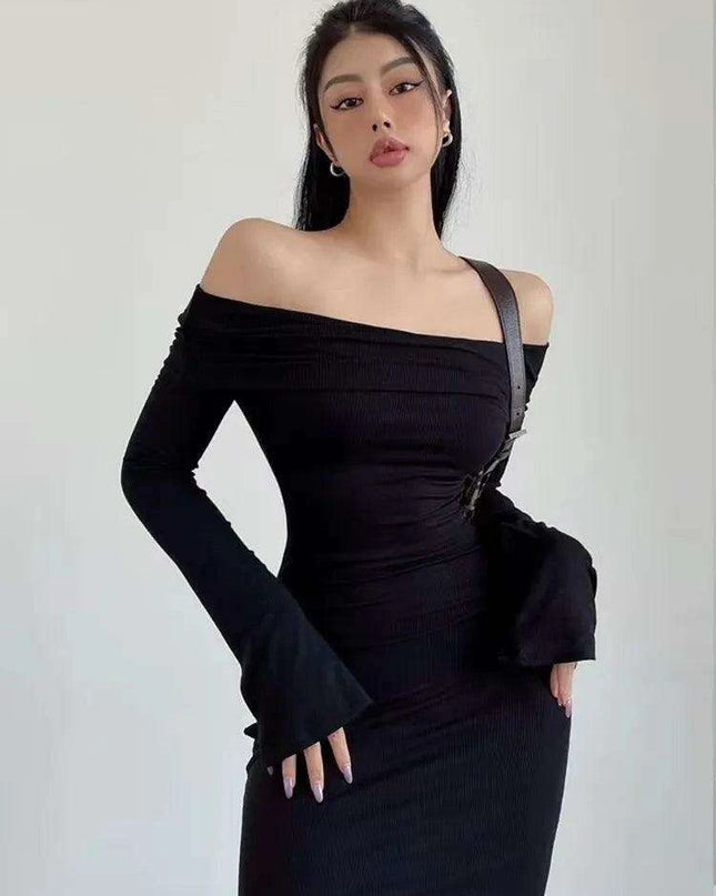 Chic Winter Elegance: Off-Shoulder Korean Maxi Dress in Black