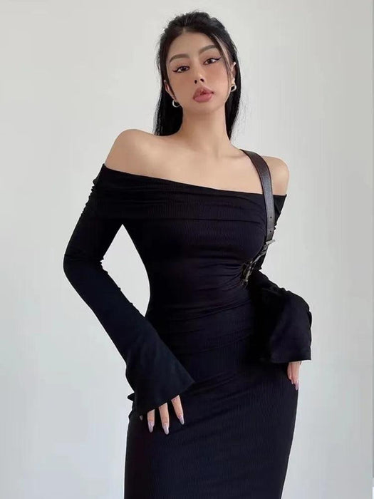Chic Winter Elegance: Off-Shoulder Korean Maxi Dress in Black