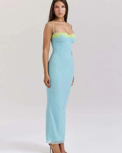 Elegant Backless Patchwork Bodycon Maxi Dress for Women