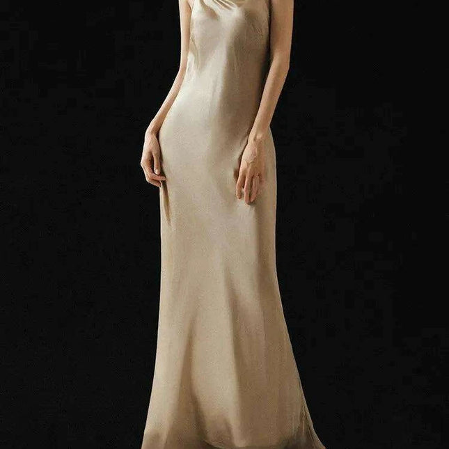 Elegant Sleeveless Long Silk Satin Party Dress in Mulberry