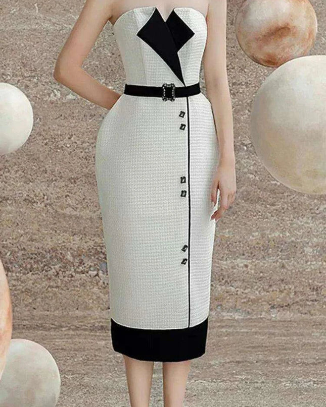 Elegant Strapless Jacquard Party Dress with Color Contrast Accents