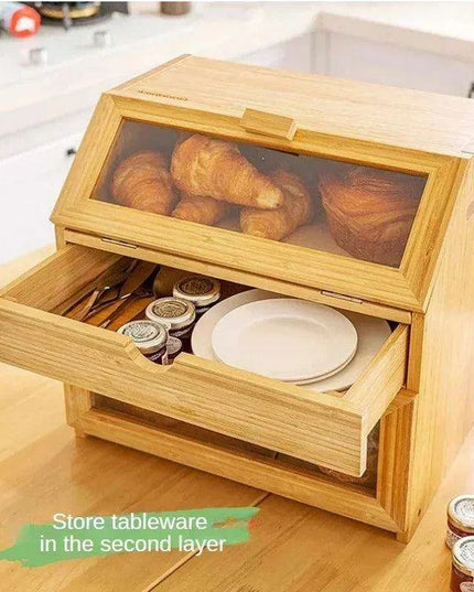 Elegant 3-Tier Bamboo Bread Storage Box with Clear Viewing Window - Chic Organizer for Fresh Baked Goods
