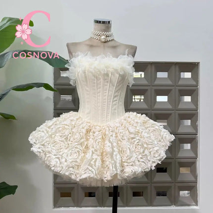 3D Floral Tulle Corset Dress — Strapless Puffy Fit & Flare in Red, Black & Beige