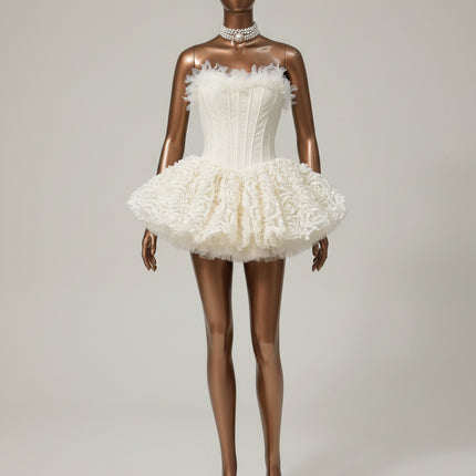 3D Floral Tulle Corset Dress — Strapless Puffy Fit & Flare in Red, Black & Beige