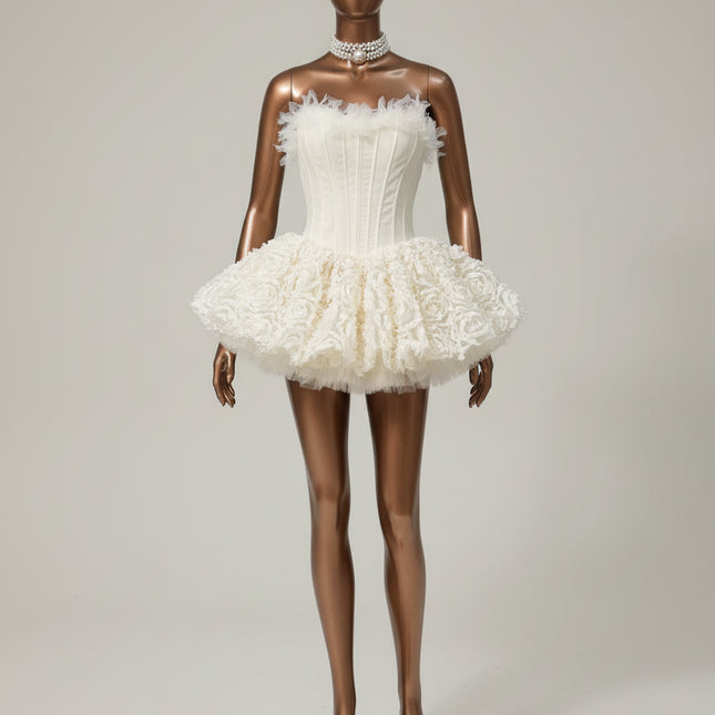 3D Floral Tulle Corset Dress — Strapless Puffy Fit & Flare in Red, Black & Beige