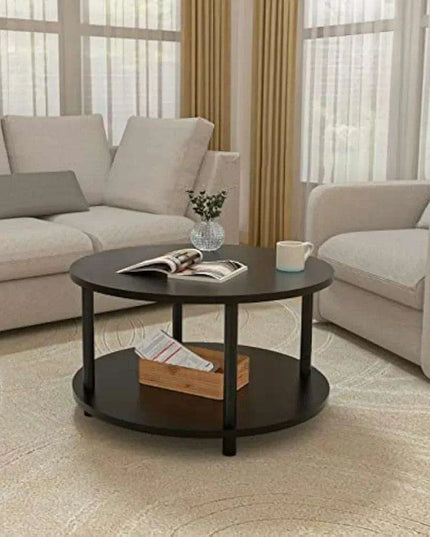 Sleek Round Black Wood Coffee Table with Multi-Level Storage - Durable Metal Legs for Home and Office