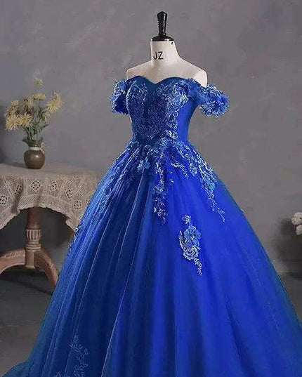 Stunning Off-The-Shoulder Cerulean Quinceanera Ball Gown with Graceful Lace Details and Dramatic Train