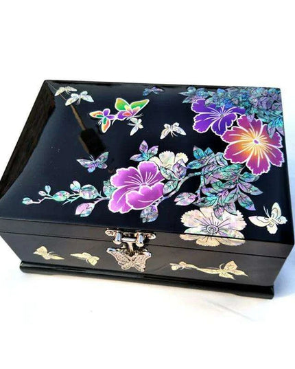 Charming Musical Jewelry Box with Pearl Inlays and Floral Elegance
