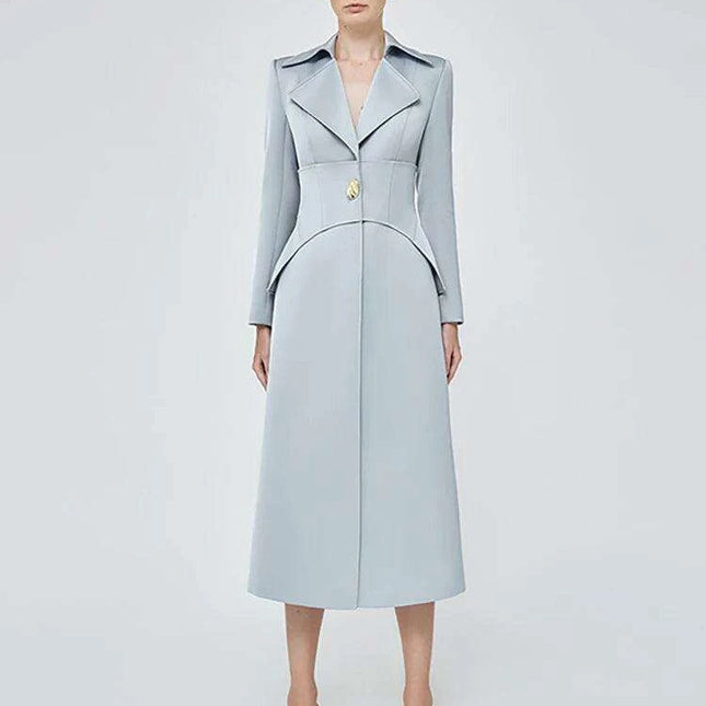 Notched Long Sleeve Mid-Calf Trench Coat with Waist Belt - Slim Fit Women's Windbreaker for Autumn 2024