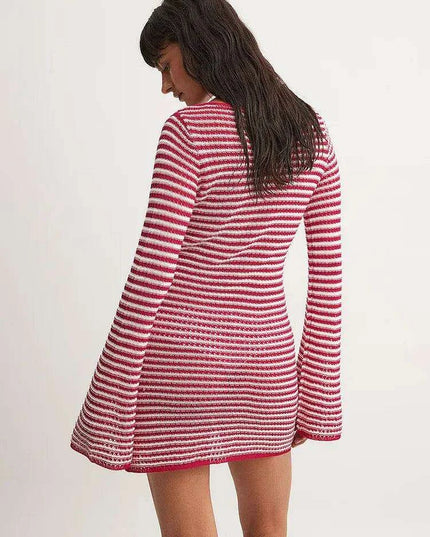 Women's Chic Striped Knit Mini Dress - High Waist Long Sleeve Style for Autumn/Winter