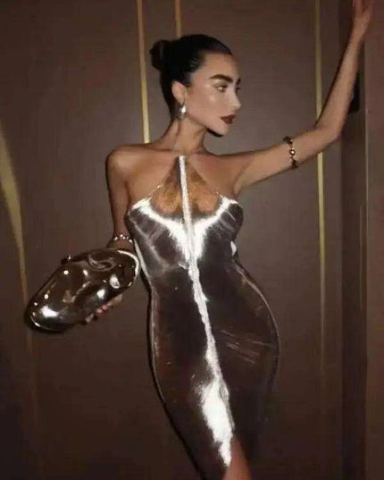 Glistening Metallic Halter Bodycon Mini Dress - Chic Backless Party Ensemble