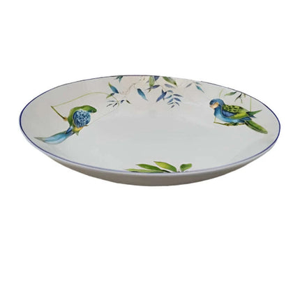 Colorful Parrot-Themed Porcelain Dining Collection: Bowl, Cup, Saucer, and Serving Tray