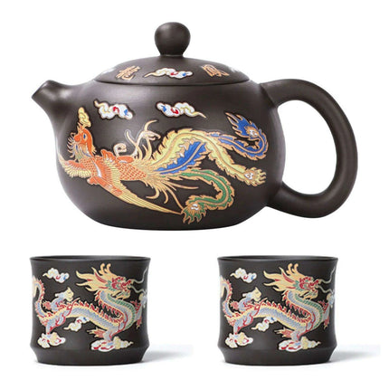 Artisan Dragon and Phoenix Purple Clay Teapot for Traditional Kung Fu Tea Ceremony