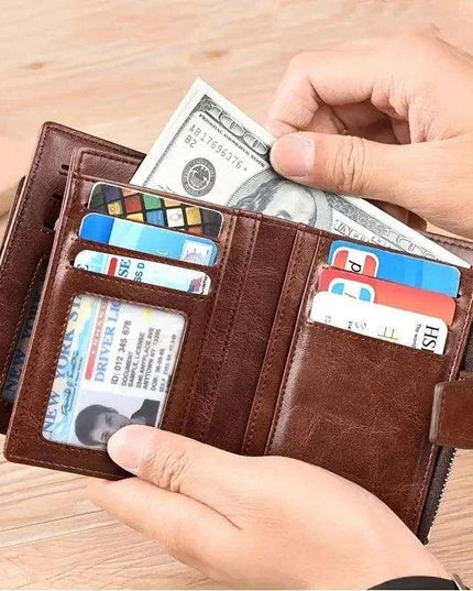 Men's RFID-Blocking PU Leather Zipper Wallet with Organized Compartments