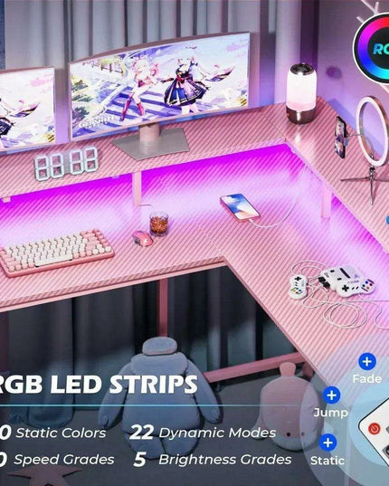 Pink Carbon Fiber L-Shaped Gaming Desk with Custom LED Ambiance, Power Ports, and Ample Storage