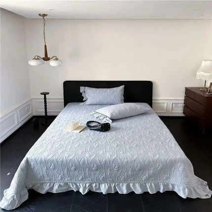 Queen Size 3-Piece Quilted Bedspread Set with Tree Leaves Motif and Pleated Trim - Soft Cotton Comfort