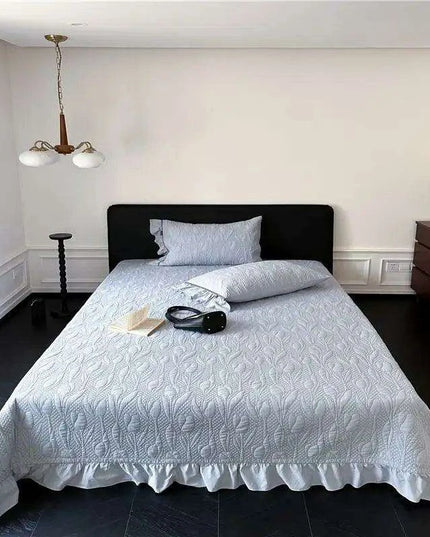 Queen Size 3-Piece Quilted Bedspread Set with Tree Leaves Motif and Pleated Trim - Soft Cotton Comfort