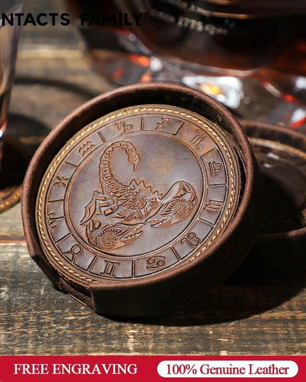 Astrological Elegance Leather Drink Coasters - Set of 6 with Distinct Zodiac Patterns