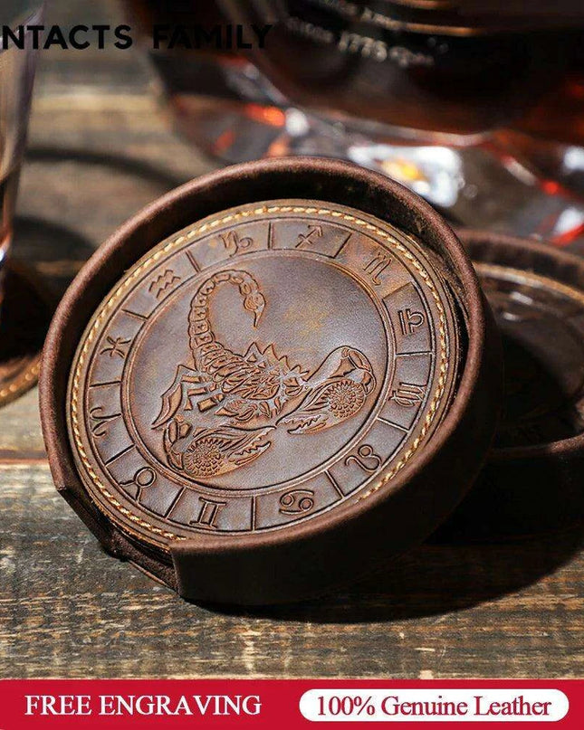Astrological Elegance Leather Drink Coasters - Set of 6 with Distinct Zodiac Patterns
