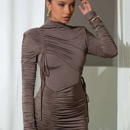 Chic Ruched Long Sleeve Turtleneck Maxi Dress for Women - Perfect for Autumn and Winter