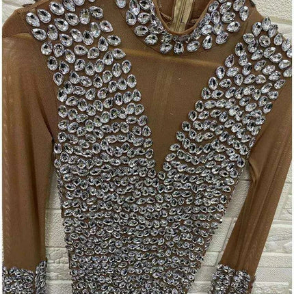 Stunning Crystal-Embellished Mesh Bodycon Dress with Graceful Long Sleeves for Elegant Occasions
