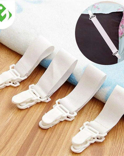 Adjustable 4-Pack White Bed Sheet Grippers - Elastic Clips for Secure Mattress Covers and Blankets