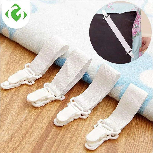 Adjustable 4-Pack White Bed Sheet Grippers - Elastic Clips for Secure Mattress Covers and Blankets