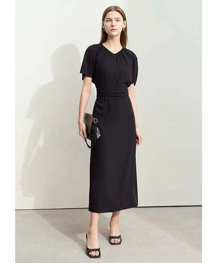 Chic Minimalist V-Neck Pleated Summer Dress with Lace-Up Detail for Women