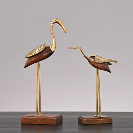 Xin Yi Wooden Crane Bird Sculpture - Brass Home Décor Figurine