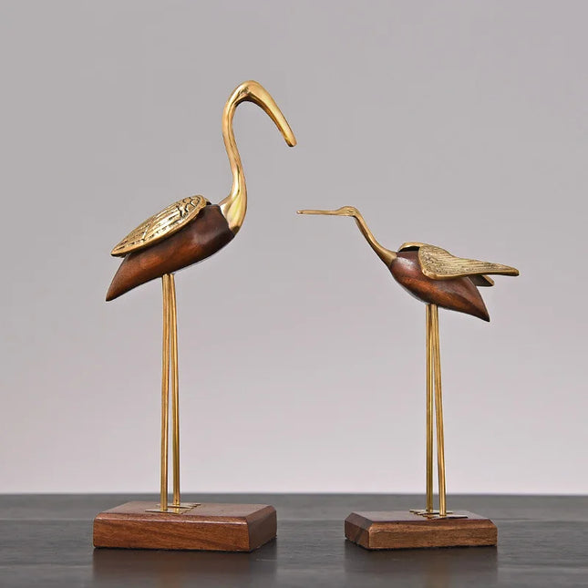 Wooden Crane Bird Sculpture with Brass Accents — Home Décor Figurine