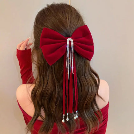 Velvet Bow Hair Clip with Rhinestone & Tassel | Korean Style