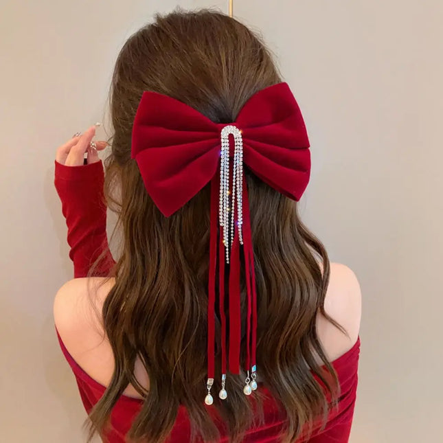 Velvet Bow Hair Clip with Rhinestone & Tassel | Korean Style